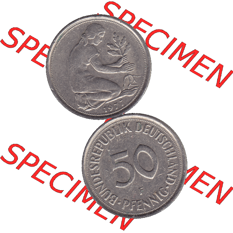 BRD Münzen 50 Pf. Umlaufmünze in PNG 1950-2001, 50 Pfennig 1977, 1970er Jahre F-01. PNG Computer-Grafik einer digitalisierten 50 Pfennig Münze aus den 1970er Jahren.... Sammlung