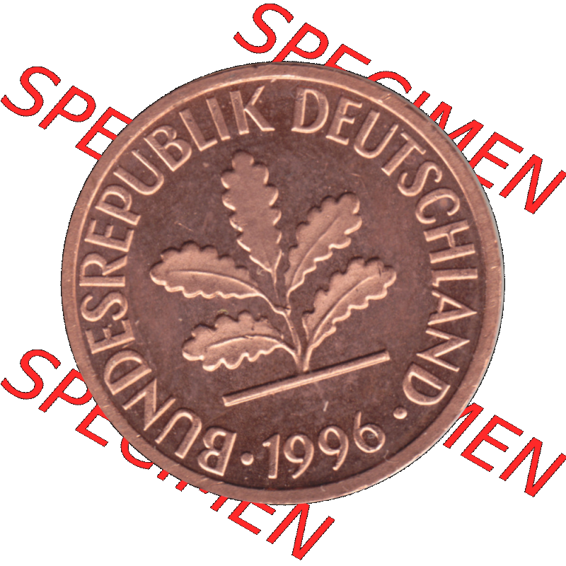 BRD Münzen 1 Pfennig Umlaufmünze in Farbigen PNG 1950-2001, 1 Pfennig 1996, 1990er Jahre J-01. Vorderseite der digitalisierte 1 Pfennig J, mit Mzz. J für... Sammlung