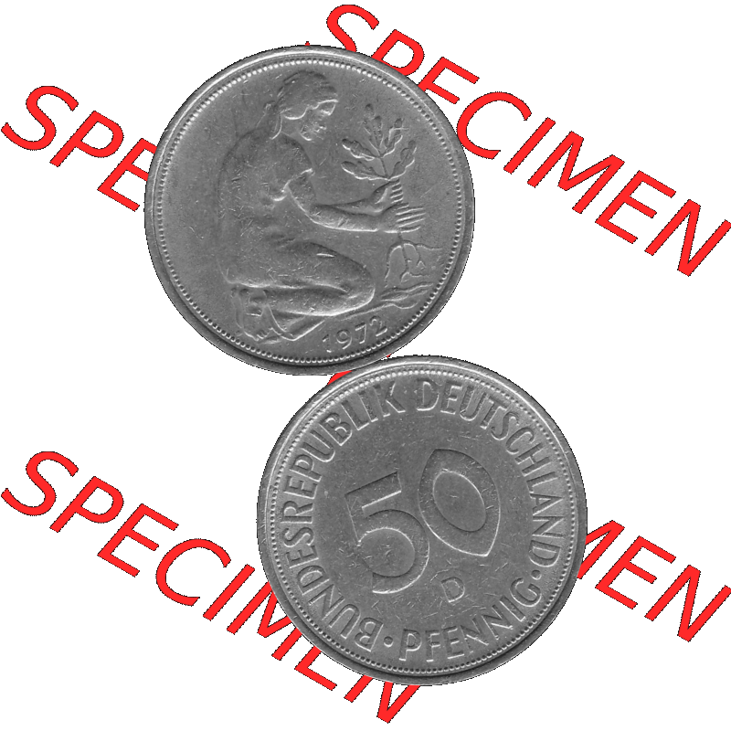 BRD Münzen 50 Pf. Umlaufmünze in graustufen PNG 1950-2001, 50 Pfennig 1972, 1970er Jahre Münzstätte München mit Münzzeichen "D" -01 Graustufen.... Sammlung