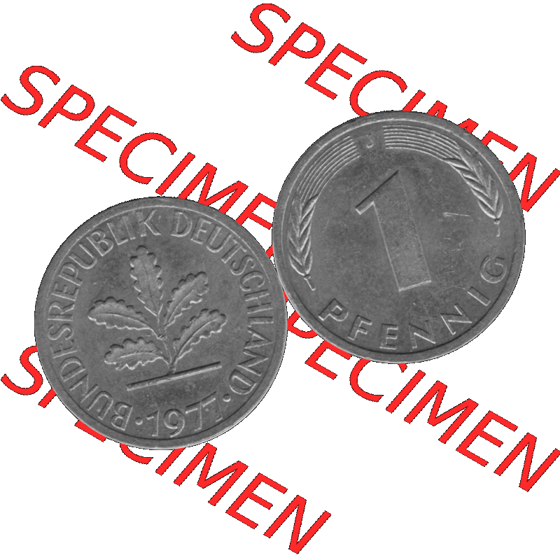 BRD Münzen 1 Pfennig Umlaufmünze in Graustufen PNG 1950-2001, 1 Pfennig 1977, 1970er Jahre J-01. Graustufen-Bilder der Vorderseite und Rückseite mit Wert-Zahl auf einen... Sammlung