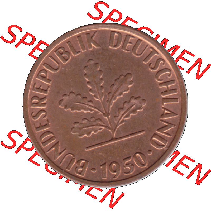 BRD Münzen 1 Pfennig Umlaufmünze in Farbigen PNG 1950-2001, 1 Pfennig 1950, 1950er Jahre J-01. Vorderseite der digitalisierte 1 / Ein Pfennig-Münze J, mit Mzz.... Sammlung