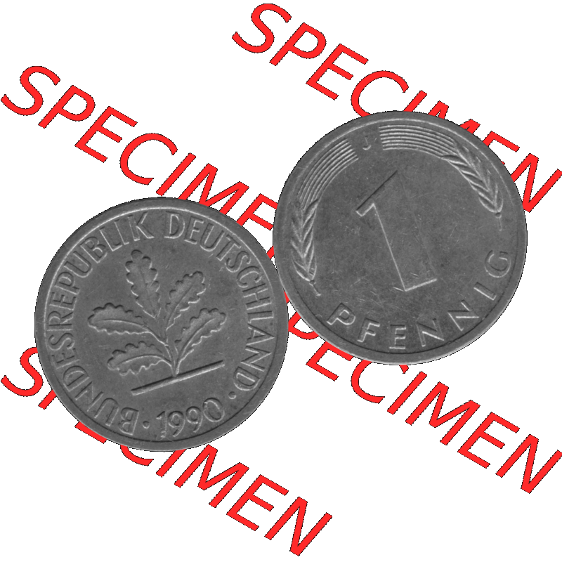 BRD Münzen 1 Pfennig Umlaufmünze in Graustufen PNG 1950-2001, 1 Pfennig 1990, 1990er Jahre J-01. Graustufen-Bilder der Vorderseite und Rückseite mit Wert-Zahl auf einen... Sammlung