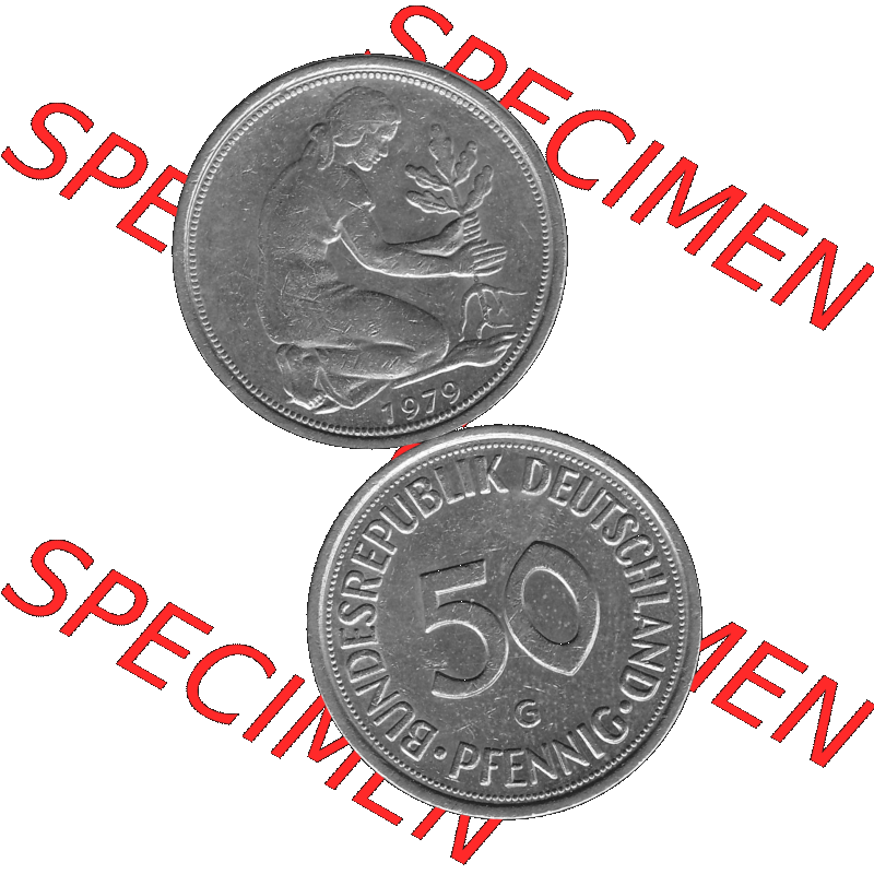 BRD Münzen 50 Pf. Umlaufmünze in graustufen PNG 1950-2001, 50 Pfennig 1979, 1970er Jahre Mzz. für Karlsruhe G-01 Graustufen. PNG Computer-Grafik in Graustufen-PNG... Sammlung