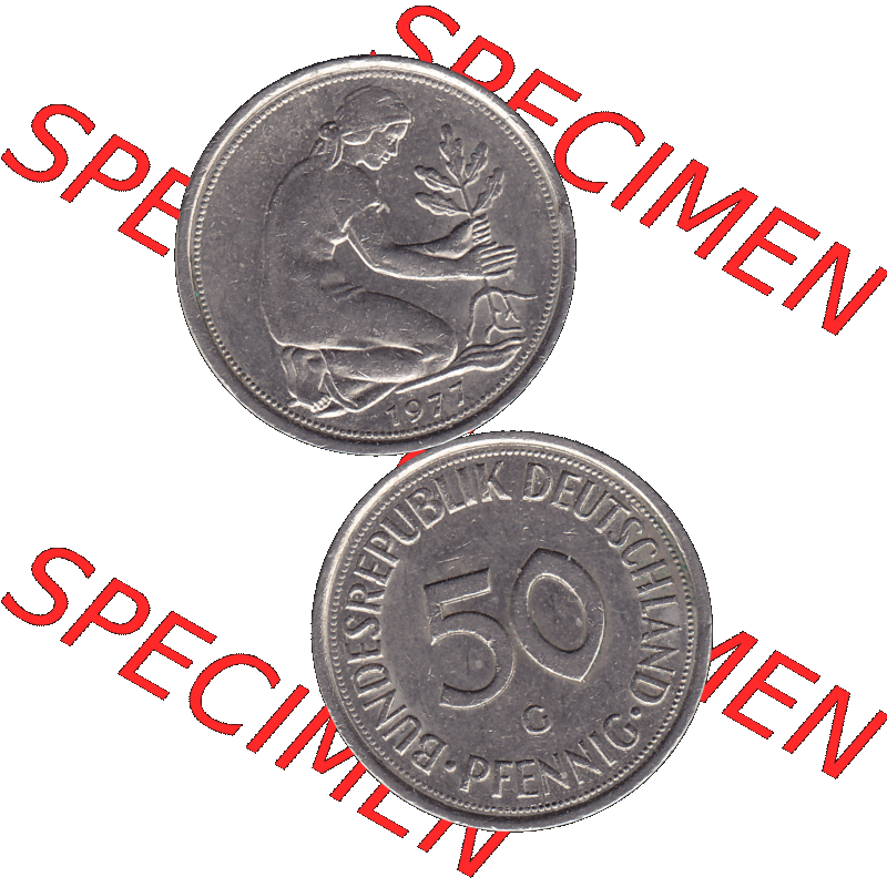 BRD Münzen 50 Pf. Umlaufmünze in PNG 1950-2001, 50 Pfennig 1977, 1970er Jahre G-01. PNG Computer-Grafik einer digitalisierten 50 Pfennig Münze aus den 1970er Jahren.... Sammlung
