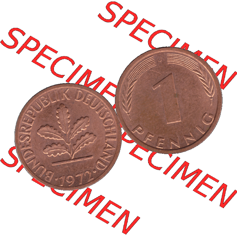 BRD Münzen 1 Pfennig Umlaufmünze in Farbigen PNG 1950-2001, 1 Pfennig 1972, 1970er Jahre J-01. 1 Pfennig Münze der BRD-Jahre. Vorderseite und Rückseite mit... Sammlung