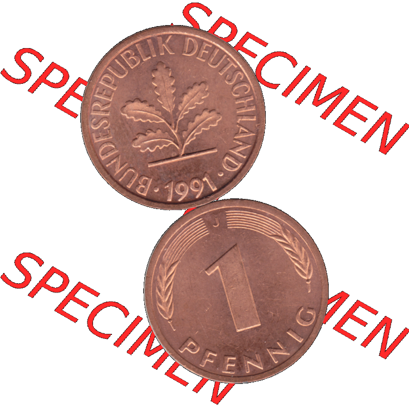 BRD Münzen 1 Pfennig Umlaufmünze in Farbigen PNG 1950-2001, 1 Pfennig 1991, 1990er Jahre J-01. Farbiges PNG-Bilder der 1 Pfennig Münze der BRD-Jahre. Vorderseite... Sammlung