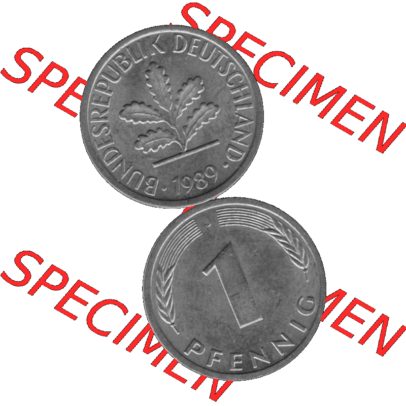 BRD Münzen 1 Pfennig Umlaufmünze in Graustufen PNG 1950-2001, 1 Pfennig 1989, 1980er Jahre J-01. Graustufen-Bild erstellt aus Farbigen Bild mit Vorderseite und Rückseite... Sammlung
