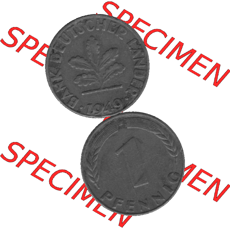 BRD Münzen 1 Pfennig Umlaufmünze in Graustufen PNG 1948-1949, 1 Pfennig 1949, 1950er Jahre J-01. Graustufen-Bild erstellt aus Farbigen Bild mit Vorderseite und Rückseite... Sammlung
