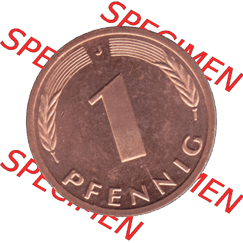 BRD Münzen 1 Pfennig Umlaufmünze in Farbigen PNG 1950-2001, 1 Pfennig 1996, 1990er Jahre J-01. Rückseite mit Wert-Zahl der digitalisierten 1 Pfennig J, mit Mzz.... Sammlung