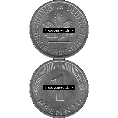 BRD Münzen 1 Pfennig Umlaufmünze in Graustufen PNG 1950-2001, 1 Pfennig 1989, 1980er Jahre J-01. Graustufen-Bild erstellt aus Farbigen Bild mit Vorderseite und Rückseite... Sammlung