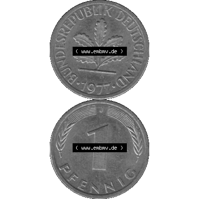 BRD Münzen 1 Pfennig Umlaufmünze in Graustufen PNG 1950-2001, 1 Pfennig 1977, 1970er Jahre J-01. Graustufen-Bild erstellt aus Farbigen Bild mit Vorderseite und Rückseite... Sammlung