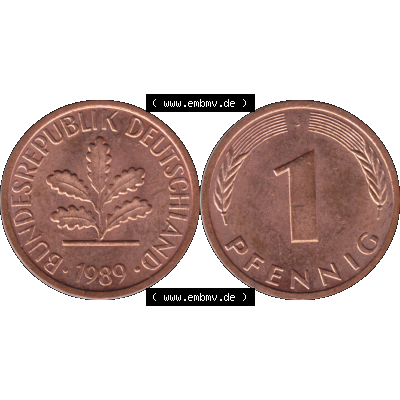 BRD Münzen 1 Pfennig Umlaufmünze in Farbigen PNG 1950-2001, 1 Pfennig 1989, 1980er Jahre J-01. 1 Pfennig Münze der BRD-Jahre. Vorderseite und Rückseite mit... Sammlung