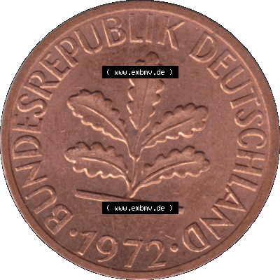 BRD Münzen 1 Pfennig Umlaufmünze in Farbigen PNG 1950-2001, 1 Pfennig 1972, 1970er Jahre J-01. Vorderseite der digitalisierte 1 / Ein Pfennig-Münze J, mit Mzz.... Sammlung