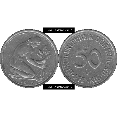 BRD Münzen 50 Pf. Umlaufmünze in graustufen PNG 1950-2001, 50 Pfennig 1976, 1970er Jahre J-01 Graustufen. PNG Computer-Grafik in Graustufen einer digitalisierten 50... Sammlung