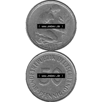 BRD Münzen 50 Pf. Umlaufmünze in graustufen PNG 1950-2001, 50 Pfennig 1973, 1970er Jahre Münzstätte Stuttgart mit Münzzeichen "F" -01 Graustufen.... Sammlung