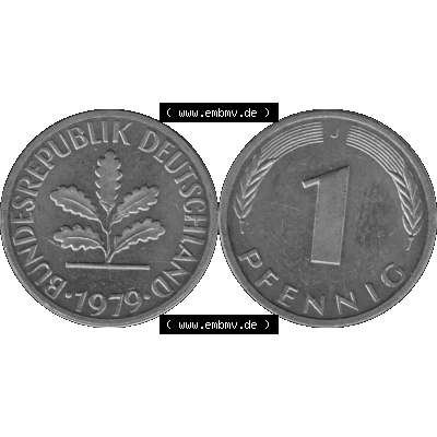 BRD Münzen 1 Pfennig Umlaufmünze in Graustufen PNG 1950-2001, 1 Pfennig 1979, 1970er Jahre J-01. Graustufen-Bilder der Vorderseite und Rückseite mit Wert-Zahl auf einen... Sammlung