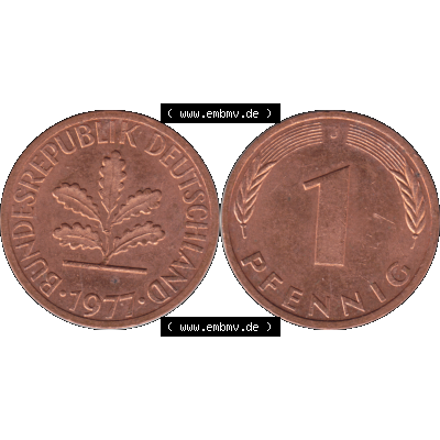 BRD Münzen 1 Pfennig Umlaufmünze in Farbigen PNG 1950-2001, 1 Pfennig 1977, 1970er Jahre J-01. 1 Pfennig Münze der BRD-Jahre. Vorderseite und Rückseite mit... Sammlung