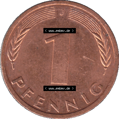 BRD Münzen 1 Pfennig Umlaufmünze in Farbigen PNG 1950-2001, 1 Pfennig 1977, 1970er Jahre J-01. Rückseite mit Wert-Zahl der digitalisierten 1 / Ein Pfennig-Münze... Sammlung