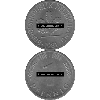 BRD Münzen 1 Pfennig Umlaufmünze in Graustufen PNG 1950-2001, 1 Pfennig 1981, 1980er Jahre J-01. Graustufen-Bild erstellt aus Farbigen Bild mit Vorderseite und Rückseite... Sammlung