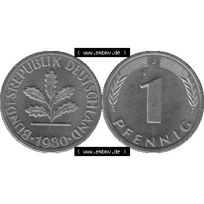 BRD Münzen 1 Pfennig Umlaufmünze in Graustufen PNG 1950-2001, 1 Pfennig 1980, 1980er Jahre J-01. Graustufen-Bilder der Vorderseite und Rückseite mit Wert-Zahl auf einen... Sammlung