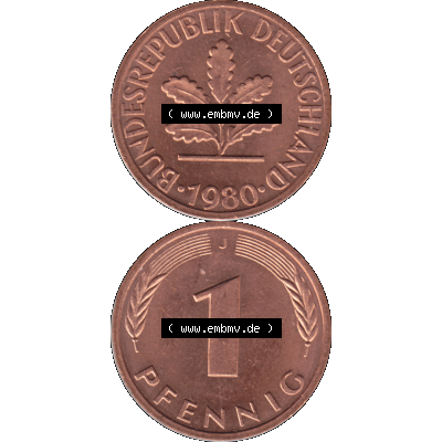 BRD Münzen 1 Pfennig Umlaufmünze in Farbigen PNG 1950-2001, 1 Pfennig 1980, 1980er Jahre J-01. Farbiges PNG-Bilder der 1 Pfennig Münze der BRD-Jahre. Vorderseite... Sammlung