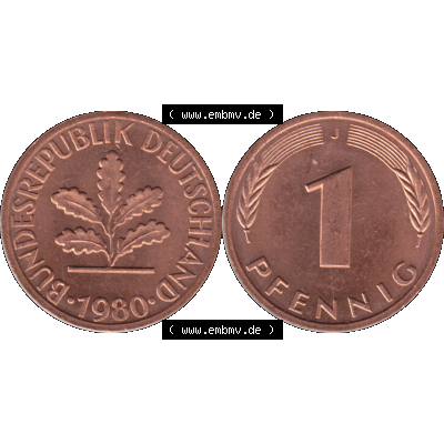BRD Münzen 1 Pfennig Umlaufmünze in Farbigen PNG 1950-2001, 1 Pfennig 1980, 1980er Jahre J-01. 1 Pfennig Münze der BRD-Jahre. Vorderseite und Rückseite mit... Sammlung