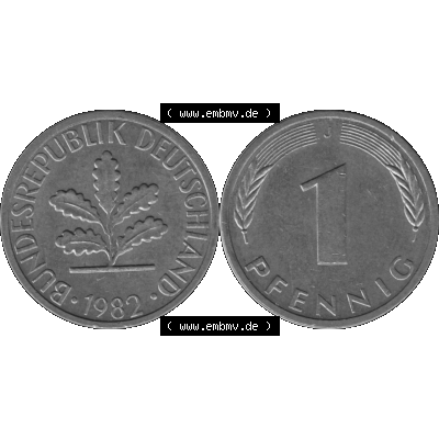 BRD Münzen 1 Pfennig Umlaufmünze in Graustufen PNG 1950-2001, 1 Pfennig 1982, 1980er Jahre J-01. Graustufen-Bilder der Vorderseite und Rückseite mit Wert-Zahl auf einen... Sammlung