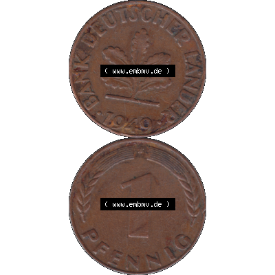 BRD Münzen 1 Pfennig Umlaufmünze in Farbigen PNG 1948-1949, 1 Pfennig 1949, 1950er Jahre J-01. Farbiges PNG-Bilder der 1 - Ein Pfennig Münze der BRD-Jahre. Vorderseite... Sammlung