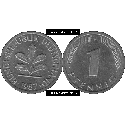 BRD Münzen 1 Pfennig Umlaufmünze in Graustufen PNG 1950-2001, 1 Pfennig 1987, 1980er Jahre J-01. Graustufen-Bilder der Vorderseite und Rückseite mit Wert-Zahl auf einen... Sammlung