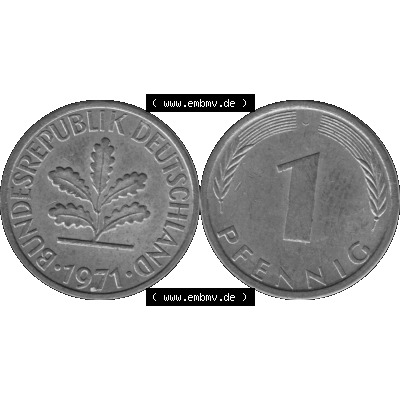 BRD Münzen 1 Pfennig Umlaufmünze in Graustufen PNG 1950-2001, 1 Pfennig 1971, 1970er Jahre J-01. Graustufen-Bilder der Vorderseite und Rückseite mit Wert-Zahl auf einen... Sammlung