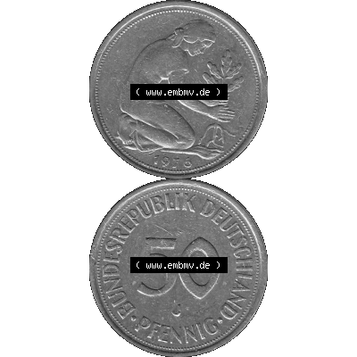 BRD Münzen 50 Pf. Umlaufmünze in graustufen PNG 1950-2001, 50 Pfennig 1976, 1970er Jahre J-01 Graustufen. PNG Computer-Grafik in Graustufen-PNG einer digitalisierten... Sammlung