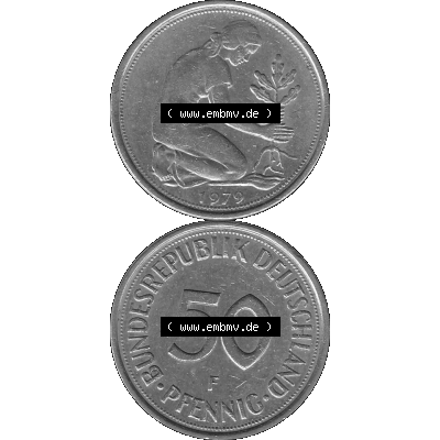 BRD Münzen 50 Pf. Umlaufmünze in graustufen PNG 1950-2001, 50 Pfennig 1979, 1970er Jahre Mzz. für Stuttgart F-01 Graustufen. PNG Computer-Grafik in Graustufen-PNG... Sammlung