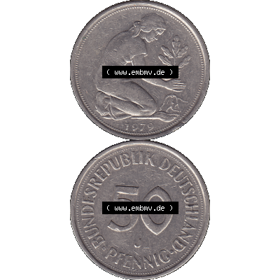 BRD Münzen 50 Pf. Umlaufmünze in PNG 1950-2001, 50 Pfennig 1979, 1970er Jahre Münzzeichen für Hamburg J-01. PNG Computer-Grafik einer digitalisierten 50 Pfennig... Sammlung
