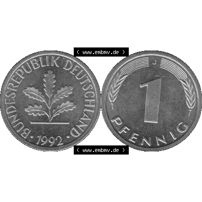 BRD Münzen 1 Pfennig Umlaufmünze in Graustufen PNG 1950-2001, 1 Pfennig 1992, 1990er Jahre J-01. Graustufen-Bilder der Vorderseite und Rückseite mit Wert-Zahl auf einen... Sammlung