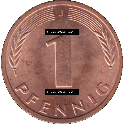 BRD Münzen 1 Pfennig Umlaufmünze in Farbigen PNG 1950-2001, 1 Pfennig 1984, 1980er Jahre J-01. Rückseite mit Wert-Zahl der digitalisierten 1 / Ein Pfennig-Münze... Sammlung