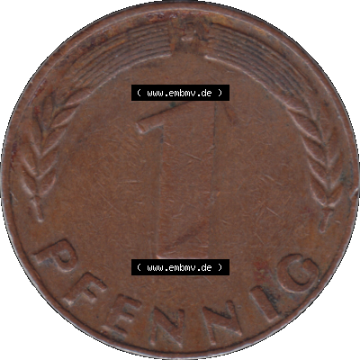 BRD Münzen 1 Pfennig Umlaufmünze in Farbigen PNG 1948-1949, 1 Pfennig 1949, 1950er Jahre J-01. Rückseite mit Wert-Zahl der digitalisierten 1 / Ein Pfennig-Münze... Sammlung