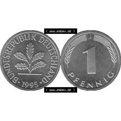BRD Münzen 1 Pfennig Umlaufmünze in Graustufen PNG 1950-2001, 1 Pfennig 1995, 1990er Jahre J-01. Graustufen-Bilder der Vorderseite und Rückseite mit Wert-Zahl auf einen... Sammlung