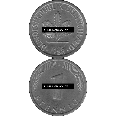 BRD Münzen 1 Pfennig Umlaufmünze in Graustufen PNG 1950-2001, 1 Pfennig 1988, 1980er Jahre J-01. Graustufen-Bild erstellt aus Farbigen Bild mit Vorderseite und Rückseite... Sammlung