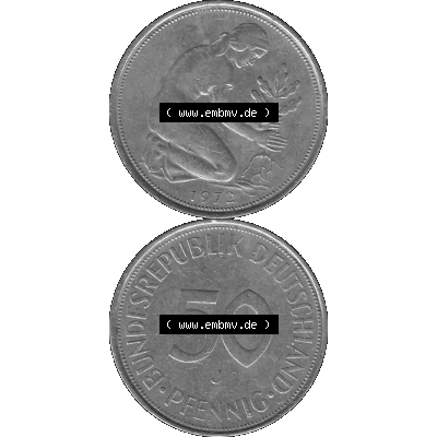 BRD Münzen 50 Pf. Umlaufmünze in graustufen PNG 1950-2001, 50 Pfennig 1972, 1970er Jahre Münzstätte Hamburg mit Münzzeichen "J" -01 Graustufen.... Sammlung