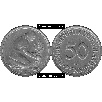 BRD Münzen 50 Pf. Umlaufmünze in graustufen PNG 1950-2001, 50 Pfennig 1976, 1970er Jahre G-01 Graustufen. PNG Computer-Grafik in Graustufen einer digitalisierten 50... Sammlung
