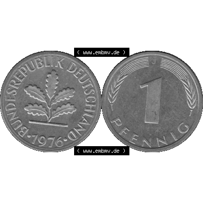 BRD Münzen 1 Pfennig Umlaufmünze in Graustufen PNG 1950-2001, 1 Pfennig 1976, 1970er Jahre J-01. Graustufen-Bilder der Vorderseite und Rückseite mit Wert-Zahl auf einen... Sammlung