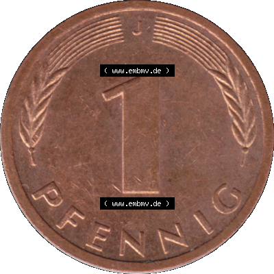 BRD Münzen 1 Pfennig Umlaufmünze in Farbigen PNG 1950-2001, 1 Pfennig 1990, 1990er Jahre J-01. Rückseite mit Wert-Zahl der digitalisierten 1 Pfennig J, mit Mzz.... Sammlung