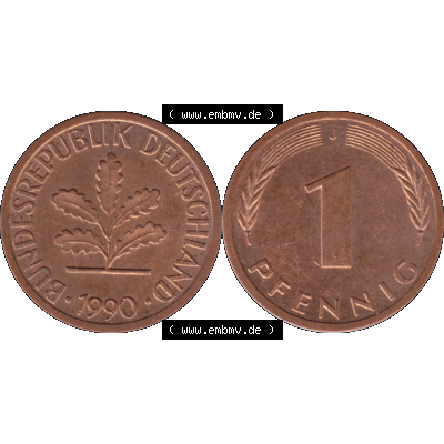 BRD Münzen 1 Pfennig Umlaufmünze in Farbigen PNG 1950-2001, 1 Pfennig 1990, 1990er Jahre J-01. 1 Pfennig Münze der BRD-Jahre. Vorderseite und Rückseite mit... Sammlung
