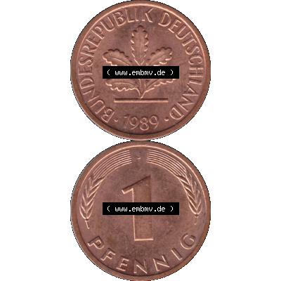 BRD Münzen 1 Pfennig Umlaufmünze in Farbigen PNG 1950-2001, 1 Pfennig 1989, 1980er Jahre J-01. Farbiges PNG-Bilder der 1 Pfennig Münze der BRD-Jahre. Vorderseite... Sammlung