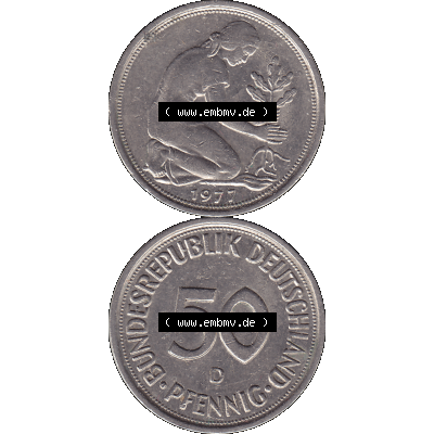 BRD Münzen 50 Pf. Umlaufmünze in PNG 1950-2001, 50 Pfennig 1977, 1970er Jahre D-01. PNG Computer-Grafik einer digitalisierten 50 Pfennig Münze aus den 1970er Jahren.... Sammlung