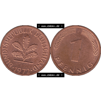 BRD Münzen 1 Pfennig Umlaufmünze in Farbigen PNG 1950-2001, 1 Pfennig 1972, 1970er Jahre J-01. 1 Pfennig Münze der BRD-Jahre. Vorderseite und Rückseite mit... Sammlung