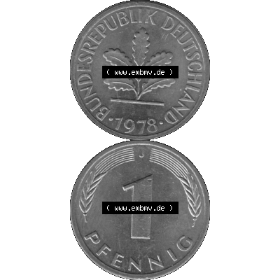 BRD Münzen 1 Pfennig Umlaufmünze in Graustufen PNG 1950-2001, 1 Pfennig 1978, 1970er Jahre J-01. Graustufen-Bild erstellt aus Farbigen Bild mit Vorderseite und Rückseite... Sammlung