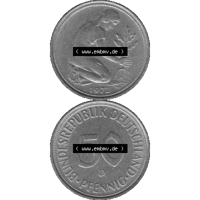 BRD Münzen 50 Pf. Umlaufmünze in graustufen PNG 1950-2001, 50 Pfennig 1972, 1970er Jahre Münzstätte München mit Münzzeichen "D" -01 Graustufen.... Sammlung
