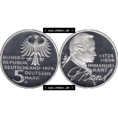 BRD Münzen 5 / Fünf Deutsche Mark, 5 DM Gedenkmünzen Silber 1974-1974, 5 DM-Deutsche Mark 1974 D-01 Immanuel Kant 1724-1804 Philosoph in PP. 5 DM / 5 Deutsche... Sammlung
