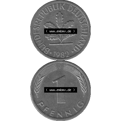 BRD Münzen 1 Pfennig Umlaufmünze in Graustufen PNG 1950-2001, 1 Pfennig 1982, 1980er Jahre J-01. Graustufen-Bild erstellt aus Farbigen Bild mit Vorderseite und Rückseite... Sammlung